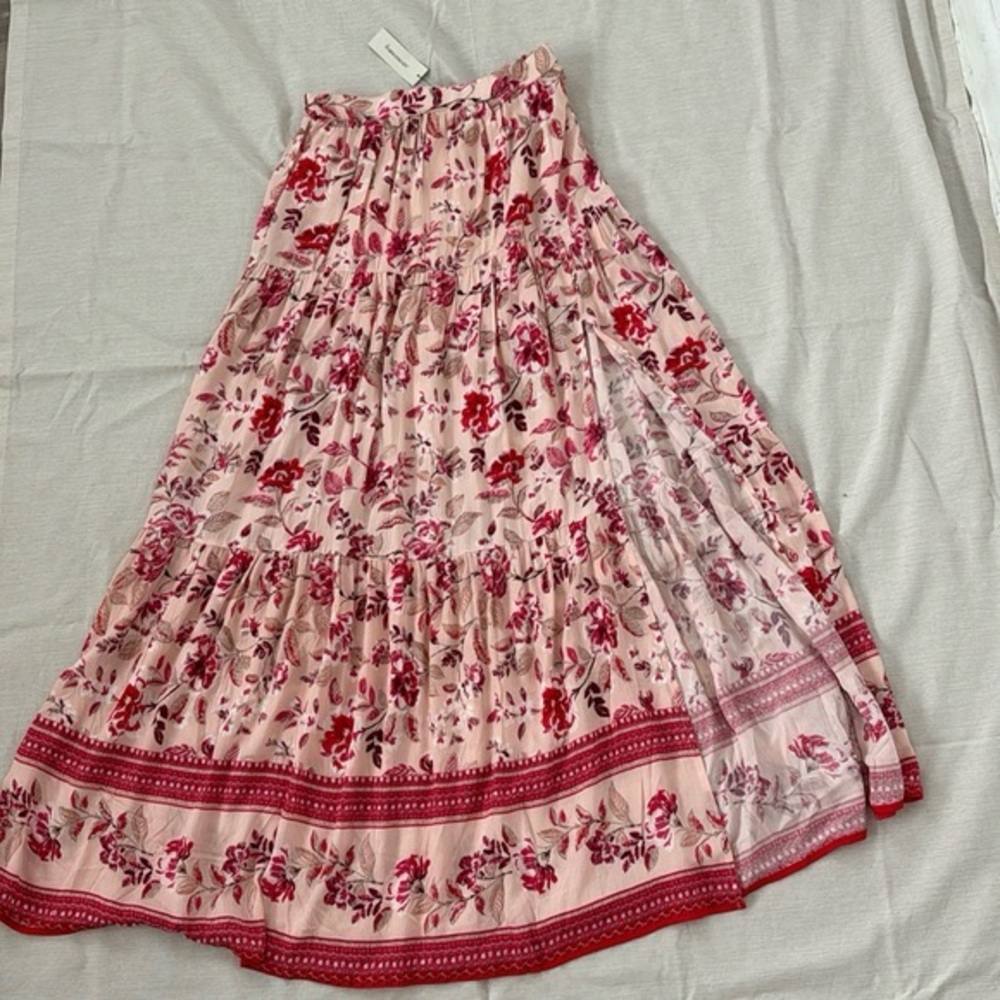 Blue Rain Floral Red and Pink Maxi Skirt